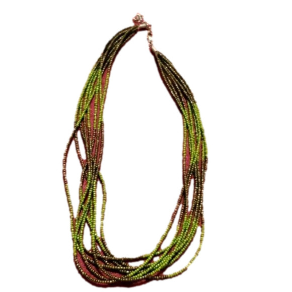 Glass Bead Necklace Green & Olive 8 Strands 20" Lobster Clamp 2" Extention Chain - Picture 1 of 3